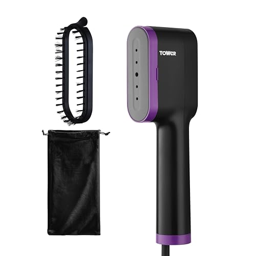 Tower T22038LIL Ceraglide Handheld Garment Steamer with Ceramic Soleplate, Brush Attachment, Vertical Steaming, 1400W, Black & Lilac