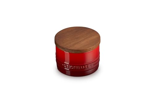 Le Creuset Signature Salt Cellar and Storage Canister with Wood Lid, 7 oz., Cerise