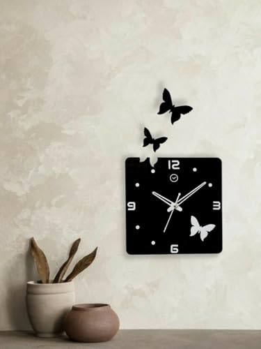 Image of cozyloom Butterfly Theme Square Acrylic Wall Clock | Modern 3D Decorative Wall Clock with Stylish Butterfly Design for Living Room, Bedroom, Office & Home Decor