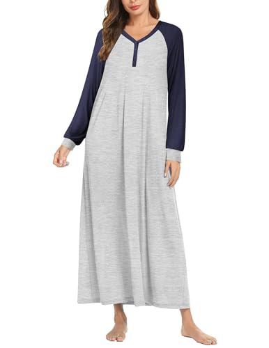 Ekouaer Camisón para Mujer Manga Larga con Botones Pijama Vestido Cuello en V Ropa de Dormir Vestido, Gris Claro, L
