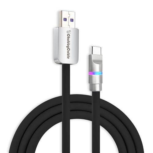 Image of chubbycable 100W USB A to C Charge Cable with LED Light, Black, 1.64 FT | 45,000+ Bend Tested, 480Mbps Data Transfer, E-Marker Safety Chip, 6mm Extra Thick, Tangle-Free Design