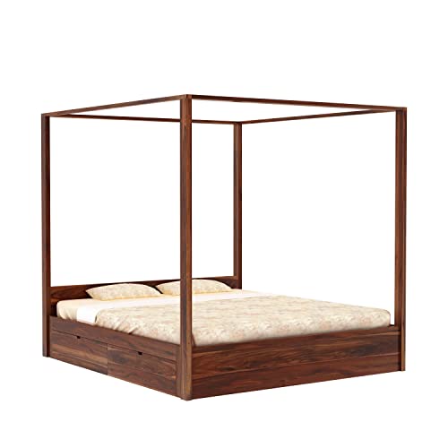 Image of WOODLAB Furniture Sheesham Wood King Size Poster Bed with 4 Side Pullout Drawer Storage | Wooden Double Size Cot Palang for Bedroom Living Room Home and Hotel (Honey Finish)