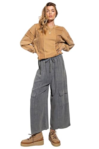 Easel It's All Good Mineral Washed Cargo Wide Leg Pants2