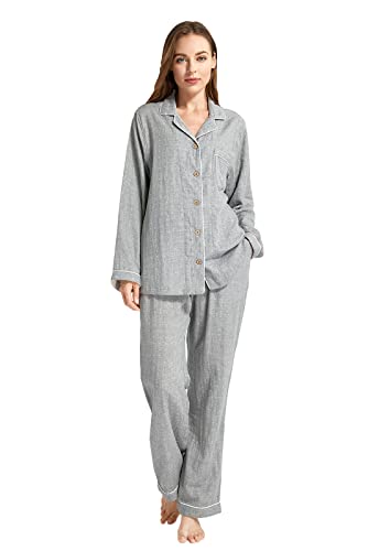 Image of Womens Muslin Pajama Set 100% Cotton Double Gauze Linen Like | Breathable Soft Comfort Button Up Loungewear Sleepwear PJ Set