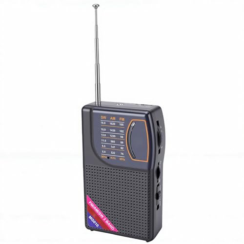 Radio portátil AM FM con batería recargable, antena y clip trasero