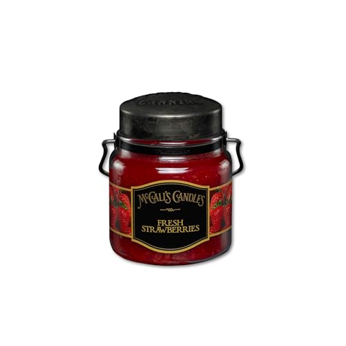 Image of McCall's Candles | Fresh Strawberries | 16 oz Two-Wick Scented Candle | USA-Poured | Vintage Rustic Jar with Carrying Handle | Sweet Farmstand Strawberry Fragrance