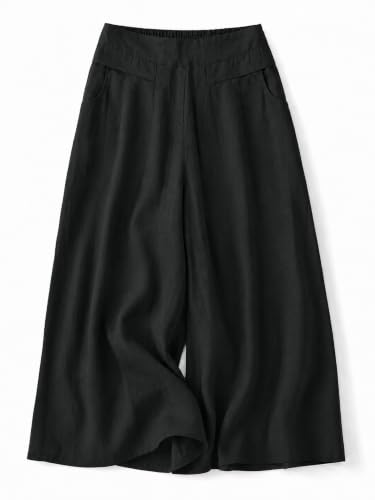 Image of Women's Relaxed Fit Pure Cotton Linen Flared Palazzo Pants for Woman | Wide Leg Casual Trousers with Pockets | Plazo Pants for Women | High Waisted Office & Travel Wear (Available in Plus Sizes)