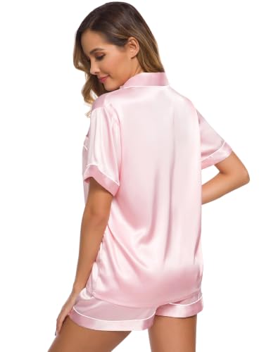 Image of SWOMOG Womens Silk Satin Pajamas Set Short Sleeve Sleepwear Button Down Top and Shorts Loungewear 2 Piece Pjs Set XS-3XL