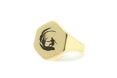 Bague en or 14k de forme hexagonale avec gravure de vague luxe