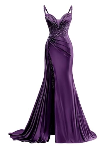 Women's Mermaid Prom Dresses Long Ball Gown Satin Lace Applique Bodycon Formal Evening Gowns with Slit 1003