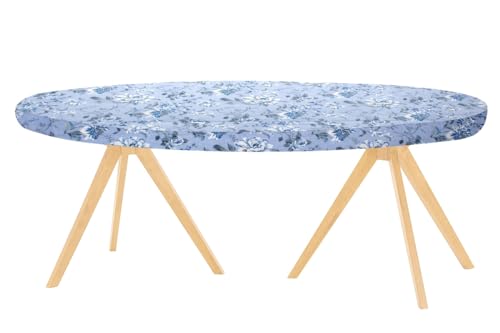 Image of The Furnishing Tree Elastic Cotton Oval Dining Table Cover 42x72 in Inches Floral White Rose on Blue Base