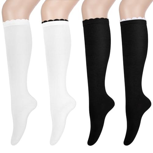 4 Pairs Womens Knee High Socks with Elegant Ruffle Bubble, White Black School Opens Birthday Gifts for Ladies Girls