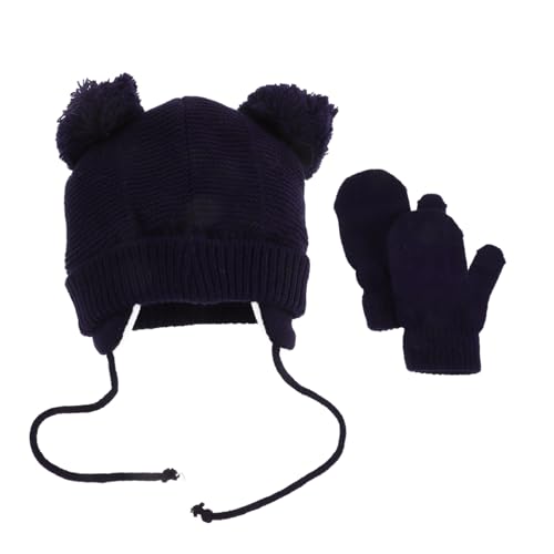 1set Beanie Hat and Mittens for Boys and Girls Soft Warm Knit Accessories Pom Poms Boy Girl Gloves Included for Cold Weather Fits Circumference