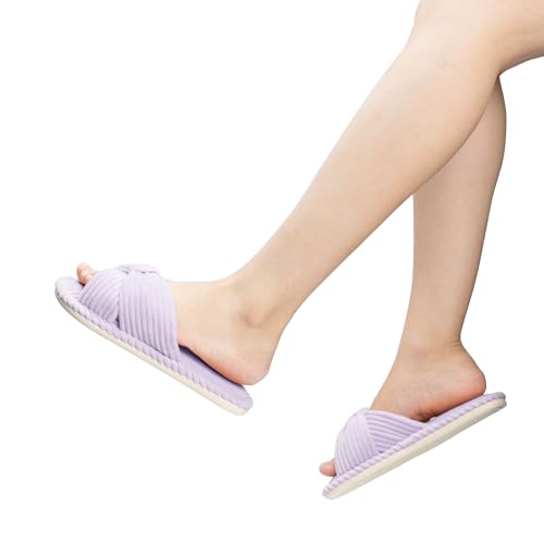 Image of Chantomoo Slippers for Women Memory Foam House Womens Slipper Slides Home Bedroom Bathroom Spa Open Toe Corduroy Bow Slippers Cozy Comfortable