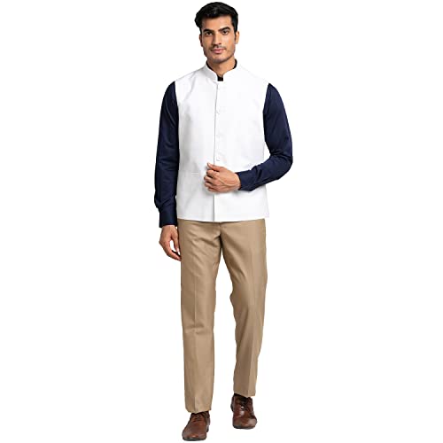 Image of Raymond Men's Contemporary Fit Pure Cotton Solid Pattern Sleeveless White Ceremonial Waistcoat