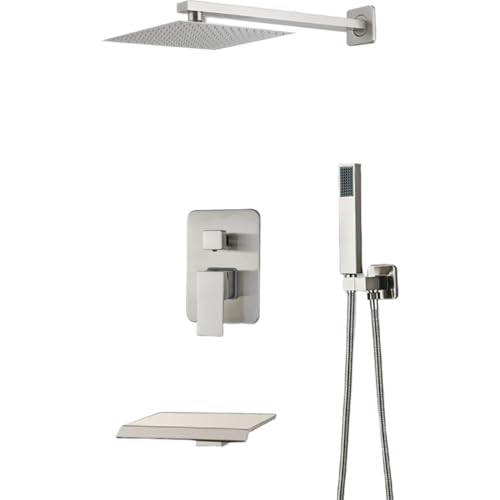 Ensemble de douche complet mural fini nickel avec mélangeur baignoire pluie