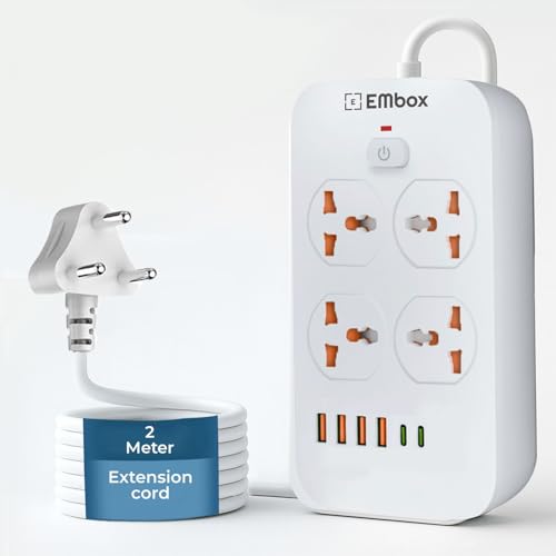 Image of Embox Extension Board with USB Type C | Extension Board with Switches 6A Spike Guard 4 Universal Sockets 2500W Extension Cord | Safety Shutter LED Indicator, 2meter