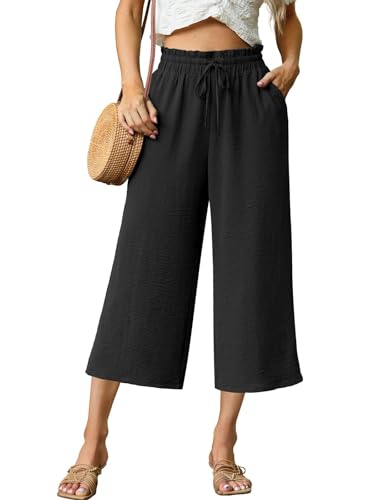 QIXING Damen Sommerhose 3/4 Hose Weites Bein Hoher Bund Leichte Culotte Hose mit Taschen und Kordelzug Luftige 7/8 Stoffhose für Sommer Urlaub Freizeit(C Schwarz L)