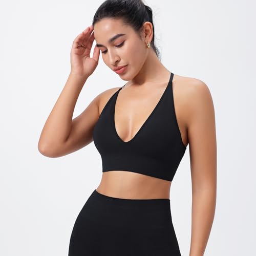 Image of Evercute Women's Sports Bras 3 /4 Pack Adjustable Deep V Neck Bras Wireless Spaghetti Strap Criss Cross Padded Low Support Bra