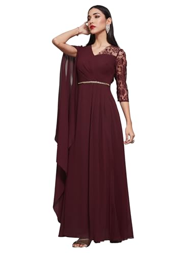 Image of Miss Chase Women's V-Neck Full Sleeve Self Design Lace-Overlaid Georgette Maxi Dress