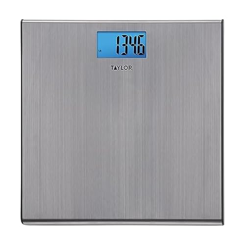 Taylor Digital Scales for Body Weight, Extra-High 440 lb Capacity, Thin Profile, Unique Blue LCD, Glass Platform, 12.2 x 12.2 Inches, Stainless Steel