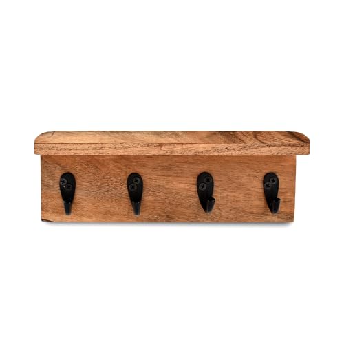 NIRMAN Acacia Wood Rustic Key Holder for Wall, Farmhouse Wall Shelf with 4 Hooks for Entryway Farmhouse Kitchen (10" x 3.5" x 3.5") by NIRMAN - Image 3