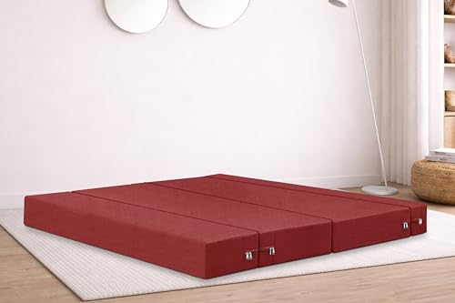 Image of Rosebell Three Seater Foldable Sofa Cum Bed (5x6 Feet) ? Jute Fabric, Washable Removable Cover, Includes Cushion | Space Saving Convertible Sofa Bed for Home, Office & Guests - Red