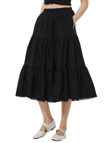 BEAUTELICATE Women Maxi Skirt with Two Pockets 100% Cotton Long Skirts 3 Tiers Ivory with Lining Black Without Lining