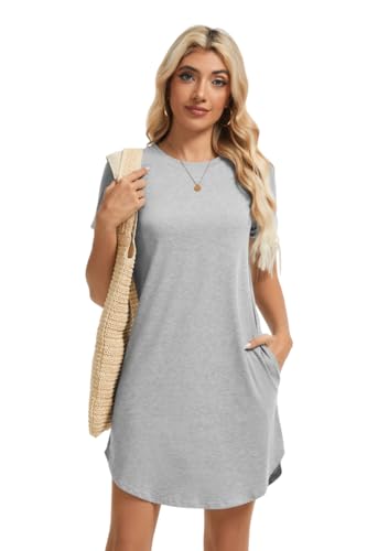 Image of Women's Casual Summer Short Sleeve T-Shirt Dress Crew Neck Loose Solid Color Basic Beach Dresses with Pockets