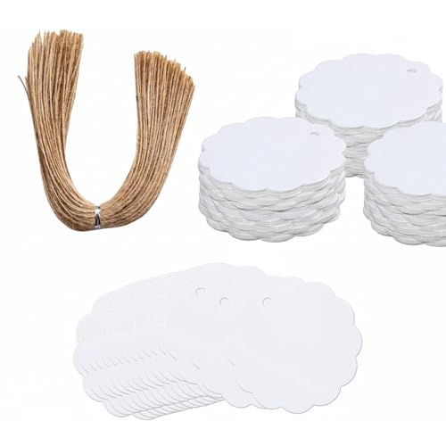 Image of CVANU White Kraft Paper Hanging Circle Shaped Tags (300pcs) with Jute Twine for Wedding| Write Blessings| Thanksgiving| Gift Decor (2.3inch X2.4inch)