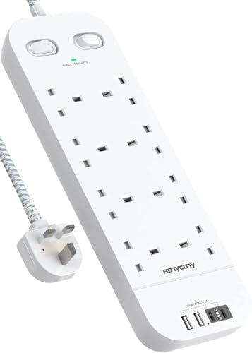 Extension Lead with 2 USB C Slots, 8 Way Outlets Power Strip with 4 USB Ports, 1800J Surge Protection Double Switch Plug Extension with 1.8M Braided Extension Cord for Home, Office