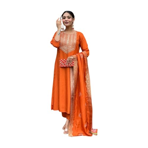 Image of Shiv Textiles Women's Chanderi Silk Embroidered Kurta Pant Dupatta Set(JDA-KRITVA-ORANGE-2XL)