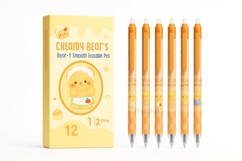 Image of Creamy Beaar Erasable Gel Pens Set of 12 | 0.5 mm Fine Tip Blue Ink | Heat Erase Technology | Soft Grip | Cute Pens for Kids, Students & Office Use