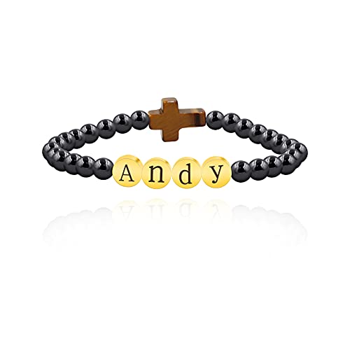 Image of Uloveido Black Agate Side Cross Bracelet Mustard Seed Charms, Personalized Letter A-Z Tiger's Eye Bangle Y944