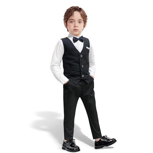 El Mejor Listado de Trajes para Niño los preferidos por los clientes. 44 Nwada - Conjunto de traje formal para niños, camisa de vestir con pajarita, chaleco delgado y pantalones, Negro -, 3 Años/4 Años