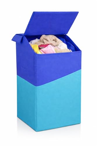 Image of 75L Large Laundry Basket with Lid, Foldable Non-Woven Fabric Clothes Hamper with Durable Handles, Heavy Duty Storage Bag for Bedroom, Bathroom, Nursery & Toys, Space-Saving Organizer (cross blue)