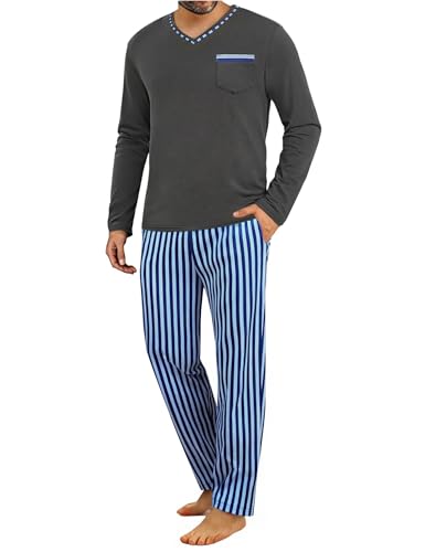 Demegimi Pijamas de Manga Larga para Hombres Invierno Conjunto de Ropa para Dormir Rayas Pijama Hombre 2 Piezas con Camiseta Manga Larga y Pantalón