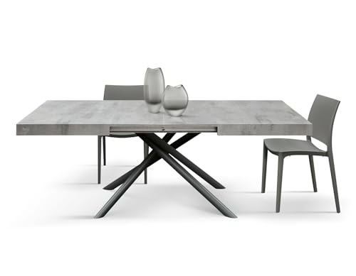 PAZZO DESIGN Table extensible Elise, pieds tubulaires croisés Menego noirs, fabriquée en Italie, couleur gris ciment, 160 x 90 x 74 - Id_2256