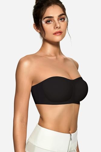 Image of OEAK Womens Strapless Bras Jelly Push Up Bandeau Bra Non Slip Wireless Supportive Padded Bras Seamless Comfortable Tube Bra Black Medium