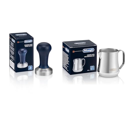 De'Longhi DLSC058 Tamper Do Kawy, Czarno/Srebrny & De'Longhi Dzbanek na Mleko, Srebrny, 350 ml