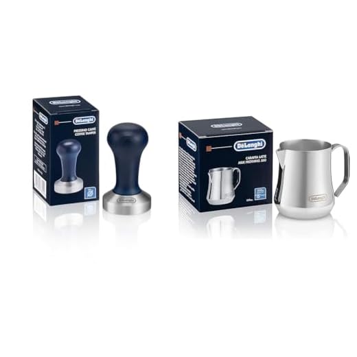 De'Longhi Stainless Steel Milk Frothing Pitcher, 12 ounce (350 ml), Barista Tool, Frother Jug for Espresso Machine Coffee Cappuccino Latte Art, DLSC0, 12 oz & DLSC058 Coffee Tamper