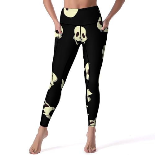 Legging femmes de sport yoga fitness gym jogging taille haute tête de mort jaune S