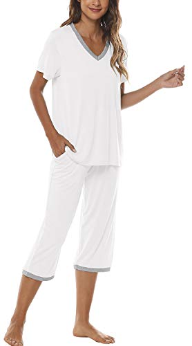 Image of JINSHI Women's Pajamas Set Short Sleeve Top and Capri Pants Lightweight Sleepwear Comfy Pjs Lounge Set with Pockets