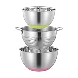 Citole in Acciaio Inox e Scolapasta Set, 2 Ciotole da Cucina in Acciaio Inox 1 Colino con Manici Insalatiera Inox Scolapasta con Ciotola Impilabile