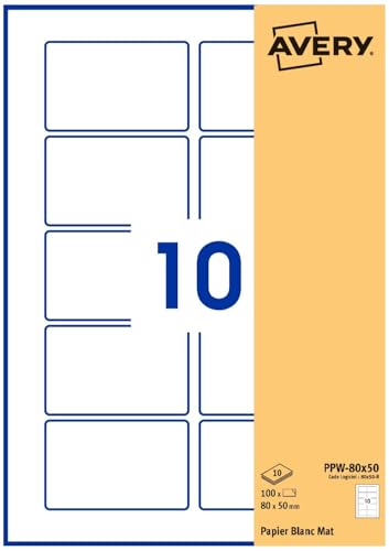 Avery - Pochette De 100 Étiquettes Autocollantes Rectangulaires, Papier Blanc, Format 80X50 mm, Personnalisables Et Imprimables Laser, Jet D'Encre Et Copieur (PPW-80X50.Fr)