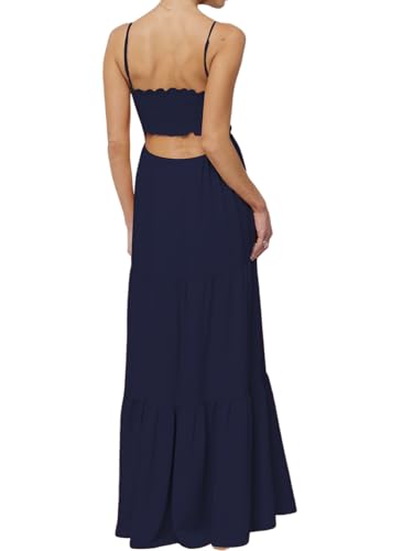 Image of Womens Summer Floral Spaghetti Strap Backless Low Cut Smocked Milkmaid Flowy Beach Sundresses