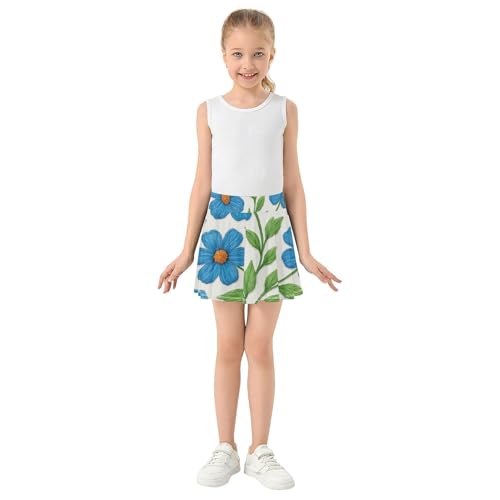 Blue Flowers Green Leaves Skirts with Shorts Floral Athletic Shorts for Girls Skorts Flowy Skirt 4t3