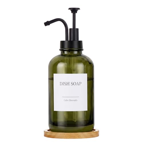 Glass Soap Dispenser with Upgrade Pump Hand and Dish Soap Dispenser for Bathroom Kitchen Soap Dispenser Set with 9 Stickers Funnel Bamboo Tray 500ml 18oz Green
