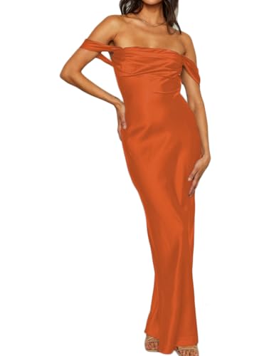 Realtix Elegant Satin Off The Shoulder Ruched Backless Maxi Dress for Women Strapless Tube...