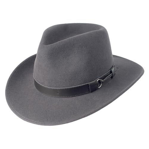 Bigalli Outback Hat 100% Wool Felt for Women/Men Teardrop with Faux LeatherCrushable Waterproof Teardrop Faux Leather | Wide Brim | Safari Fedora Cowboy Hat | Dark Grey Medium